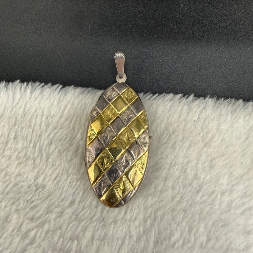 Vintage FAS Locket Silver Two Tone Basket Weave Oval Pendant